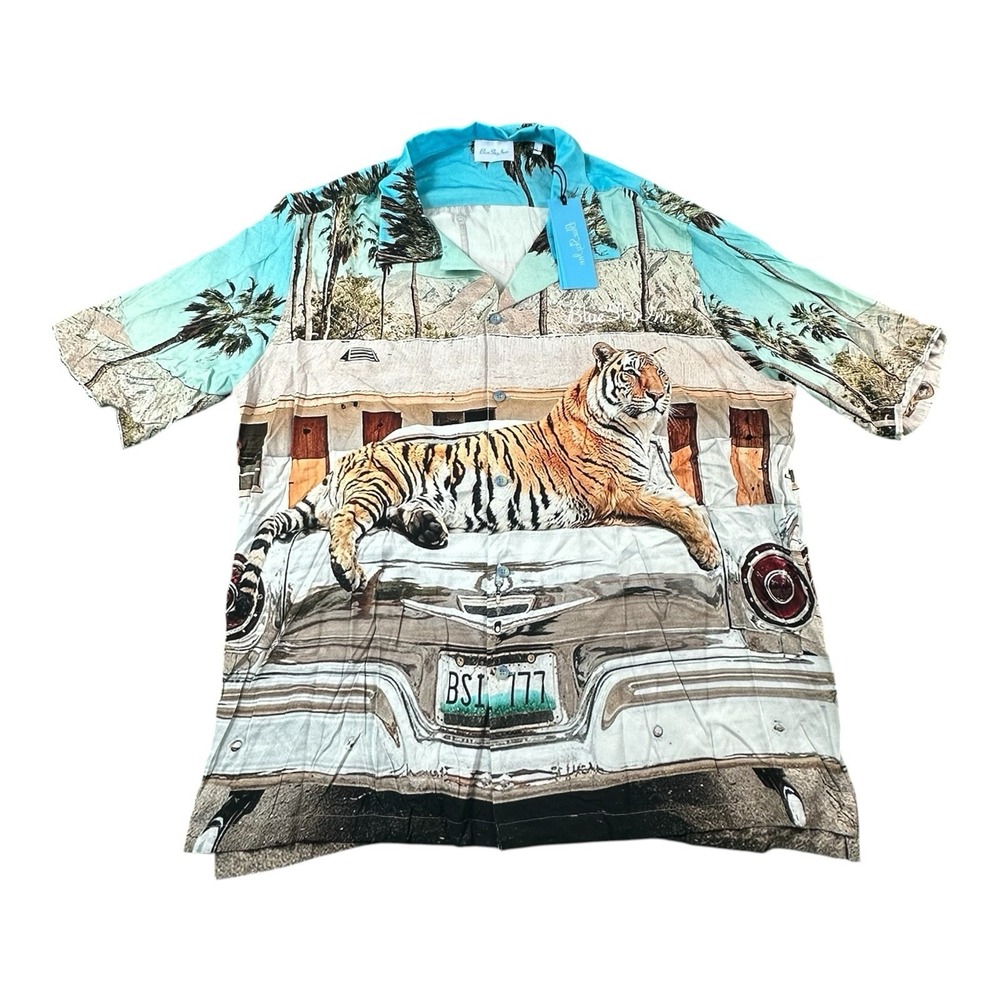 Blue Sky Inn Blue Viscose Tiger AOP Beach S/S Hawaiian Shirt Size Large NWT